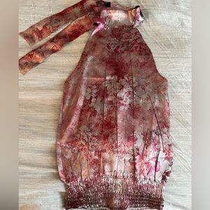 Satin silver and pink flowered halter with tie bow neck